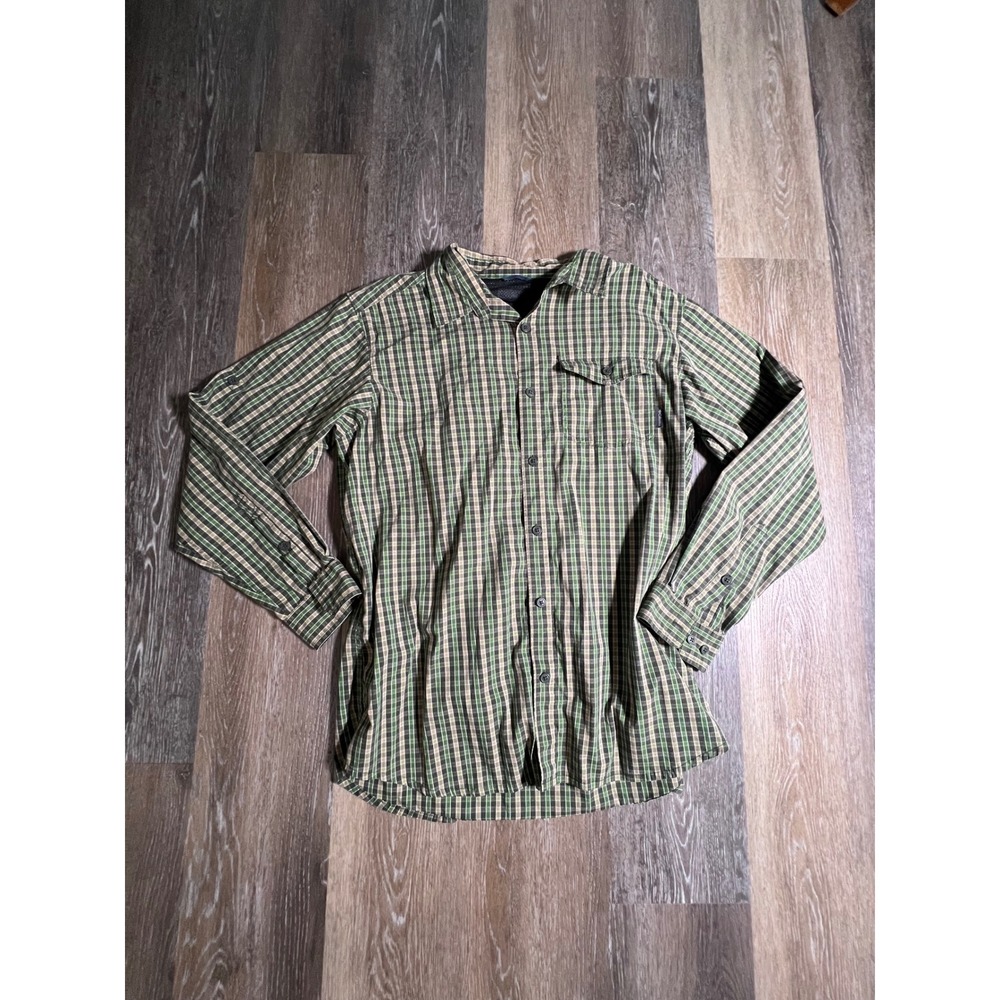 Columbia‎ Plaid Button Down Shirt Mens L Green Tan Long Sleeve Hiking Utility